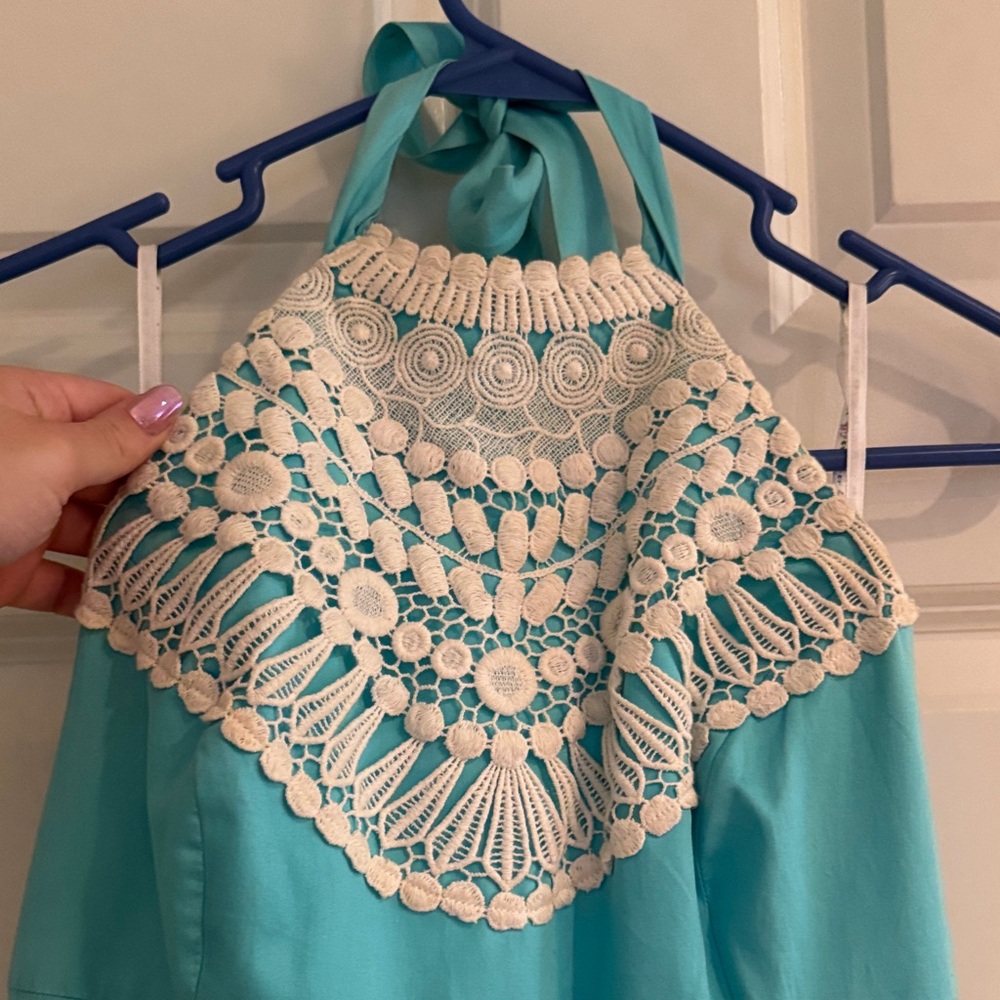 Lilly Pulitzer Turquoise Halter Dress with Lace - Picture 2 of 10